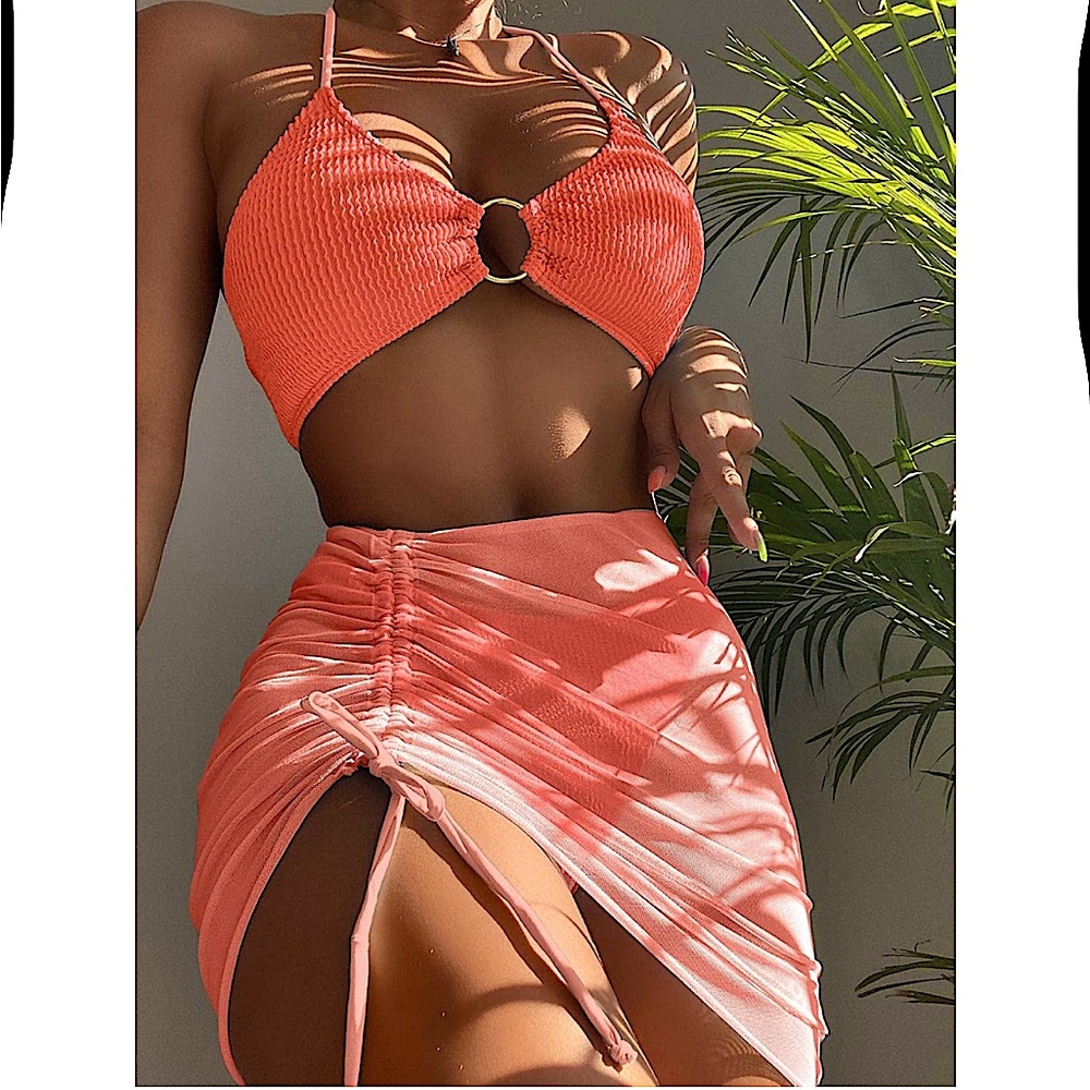 Soobu 3pack Coral Textured Ring Linked Bikini Swimsuit with Beach Skirt new